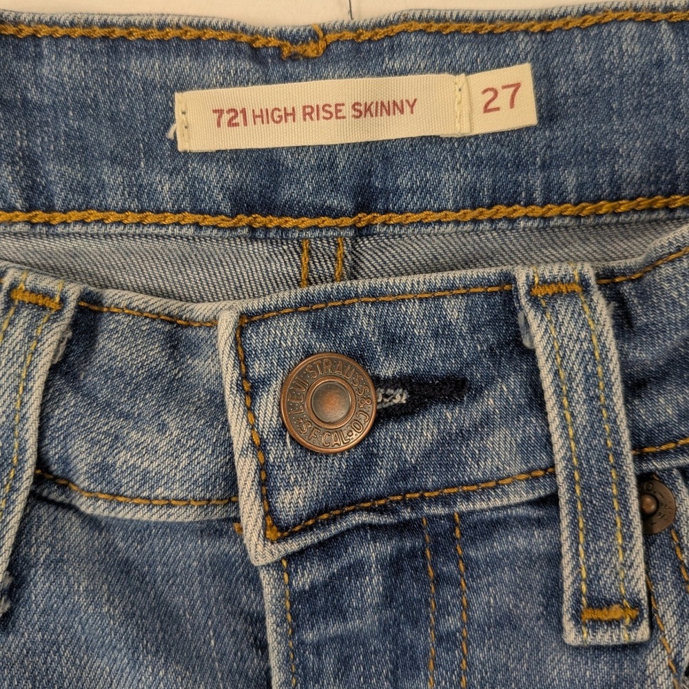Levis 721 Jeans Women 27 Blue Denim High Rise Skinny Stretch Distressed Chic 90s - Picture 7 of 12